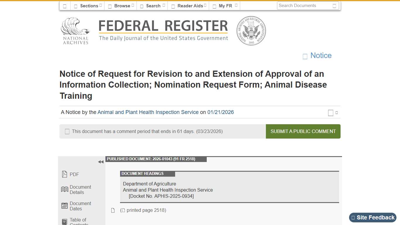 Federal Register :: Notice of Request for Revision to and Extension of Approval of an Information Collection; Nomination Request Form; Animal Disease Training