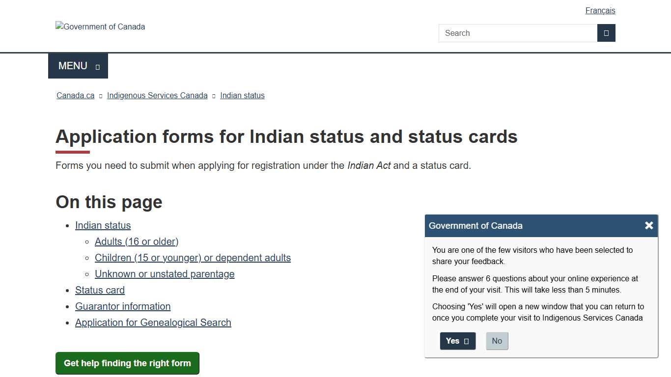Application forms for Indian status and status cards